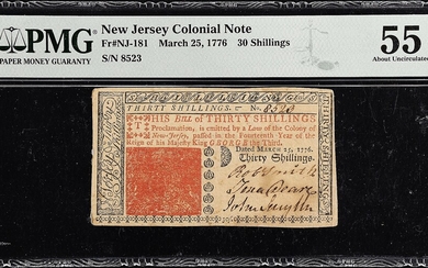 NJ-181. New Jersey. March 25, 1776. 30 Shillings. PMG About Uncirculated 55.