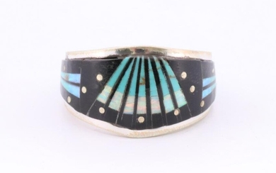 Native America Navajo Handmade Sterling Silver Night Sky Inlay Ring By G.