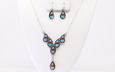Native America Zuni Sterling Silver Coral & Turquoise Necklace / Earring's Set By Faye Lowsayatee.