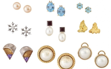 Nine pairs of various earrings, including: a pair of diamond single stone snowflake design earstuds, a pair of claw-set oval aquamarine and diamond two stone earstuds, a pair of triangular-cut amethyst earstuds of fan shaped design earrrings, a...