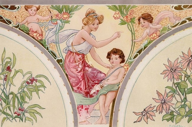 ORIGINAL VOLKEL Art Nouveau 1800s Lithograph "Spring Flowers" FRAMED SIGNED