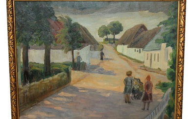 Oil on canvas painting Impressionist style village scene