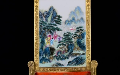 Old Chinese Gilt Gold Famille Rose Scenery Figure Porcelain Screen