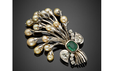 Old mine diamond and irregular pearl white gold floral brooch, in the centre a green doublet, the two main diamond...