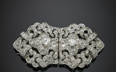 Old mine diamond platinum and gold double clip brooch