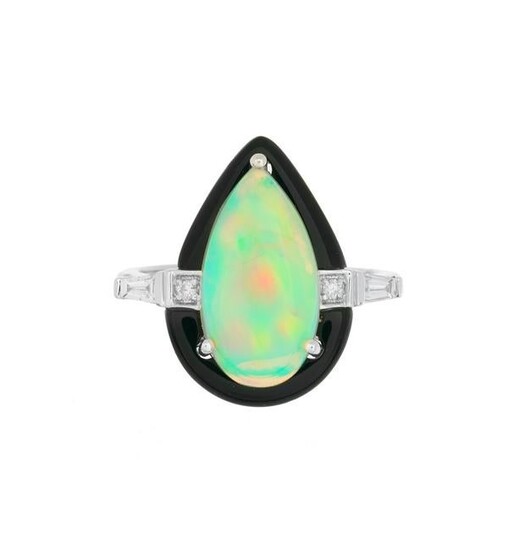 Opal, Diamond and Onyx Ring