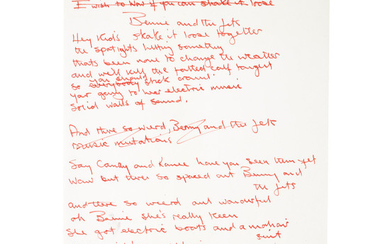 Original handwritten lyrics of Elton John's "Bennie and the Jets"