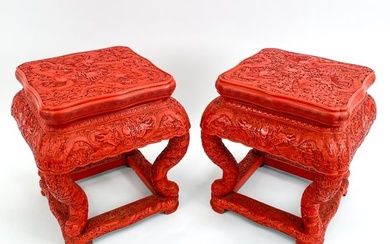 PAIR CHINESE CARVED "CINNABAR" SIDE TABLES