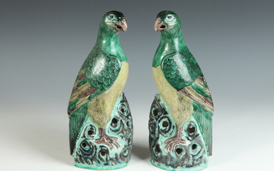 PAIR CHINESE FAMILLE VERTE PORCELAIN FIGURES OF PARROTS PERCHED ON...