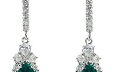 PAIR OF 18CT WHITE GOLD, EMERALD AND DIAMOND PENDANT EARRINGS Accompanied by a C. Dunaigre Gemstone Report numbered CDC 1512076/1&2,...
