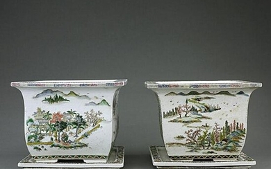 PAIR OF CHINESE FAMILLE ROSE SQUARE PLANTERS