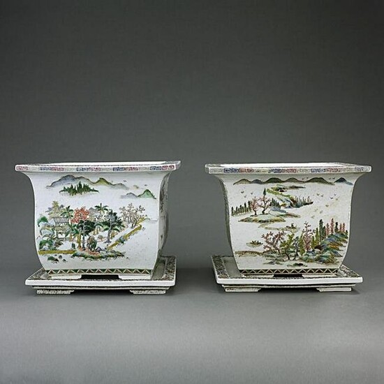 PAIR OF CHINESE FAMILLE ROSE SQUARE PLANTERS