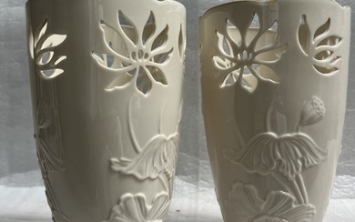 PAIR OF LARGE LENOX POINSETTIA VASE WITH FLOWER CUTOUTS AND GOLD RIM