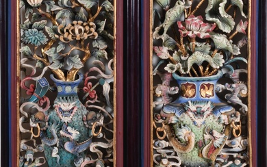 PAIR OF PAINTED CHINESE CARVED WOOD ARCHITECTURAL PANELS