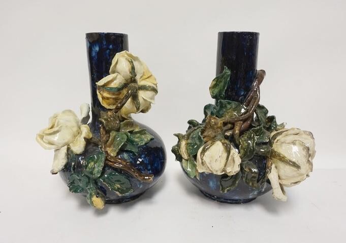 PAIR OF POTTERY VASES W/APPLIED ROSES