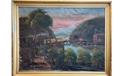 PRIMITIVE OIL PAINTING OF TRAIN AND HILLSIDE TOWN.