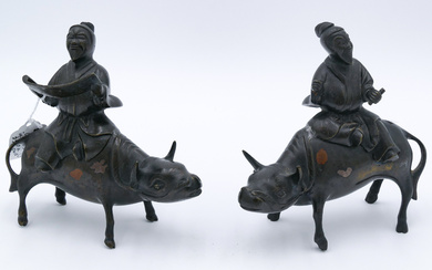 Pair Antique Chinese Silver Inlaid Bronze Scholars