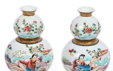 Pair Chinese Qianlong mark Famille Rose hand-painted double gourd porcelain vases with erotic scenes