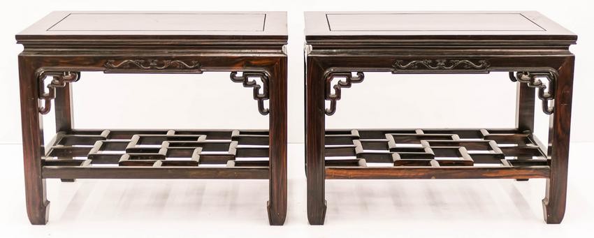 Pair Chinese Zitan Rosewood Carved Side Tables