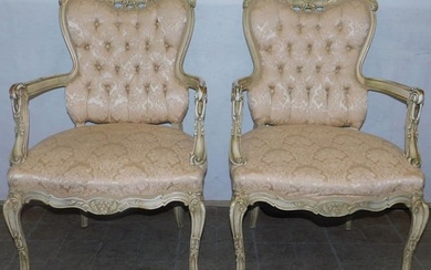 Pair French Painted Wood Upholstered Carved Arm Chairs
