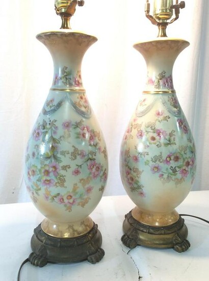 Pair Hand Painted Floral Porcelain Lamps
