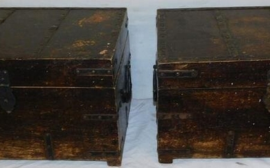 Pair Metal Strapped Campaign Style Wooden Boxes