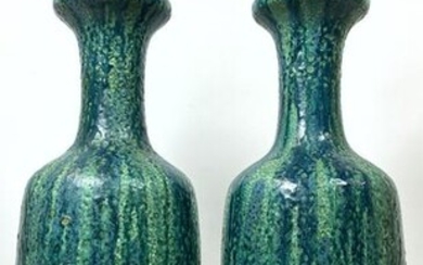 Pair Mid Century Modern Blue Green Glaze Table Lamps.