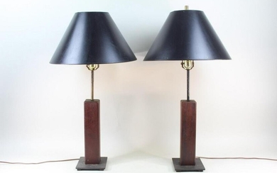 Pair Mid-Century Modern Walnut Table Lamps, Black Shade