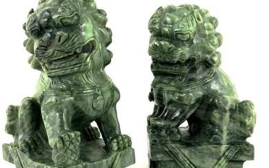 Pair Of Carved Spinach Jade Foo Lions