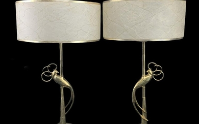 Pair Of Mid Century Brass Table Lamps, Love Birds