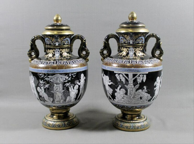Pair Of Minton Style Two-Handle Porcelain Urns With