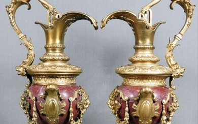 Pair Of Rouge Marble And Gilded Bronze Urns