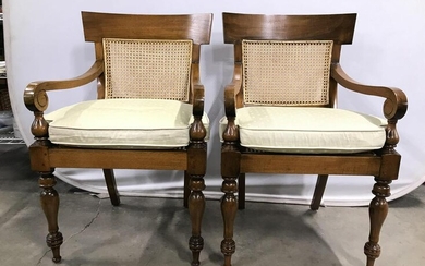 Pair Vintage Carved Wood Caned Klismos Chairs