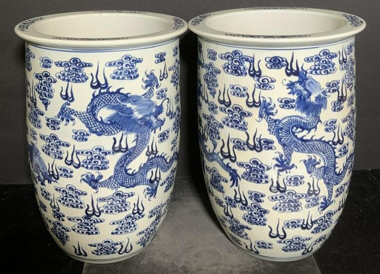 Pair Vntg Blue & White Asian Porcelain Floor Vases