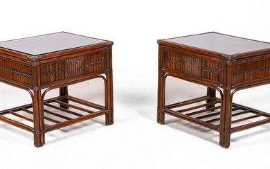 Pair bamboo and rattan glass top side tables