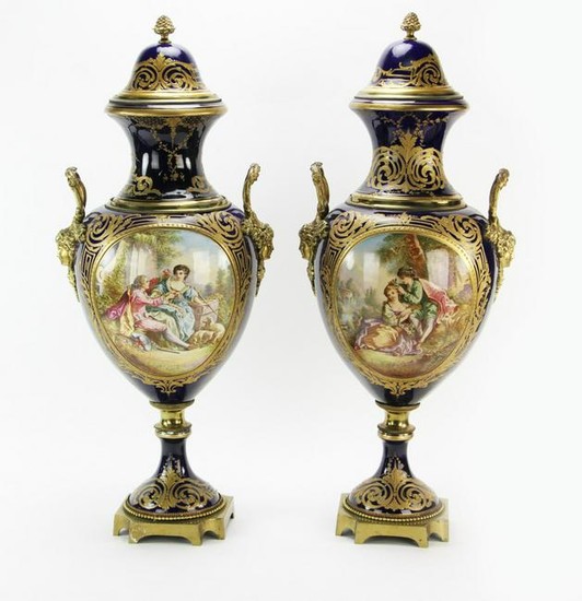 Pair of 19thC French Sevres Hand Painted Urns