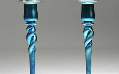 Pair of Blue Steuben Aurene Candlesticks
