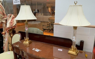 Pair of Brass and Crystal Lamps, Silk Shades