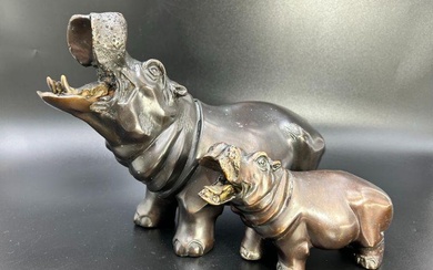 Pair of Bronze Hippopotamus Statues Mother & Calf