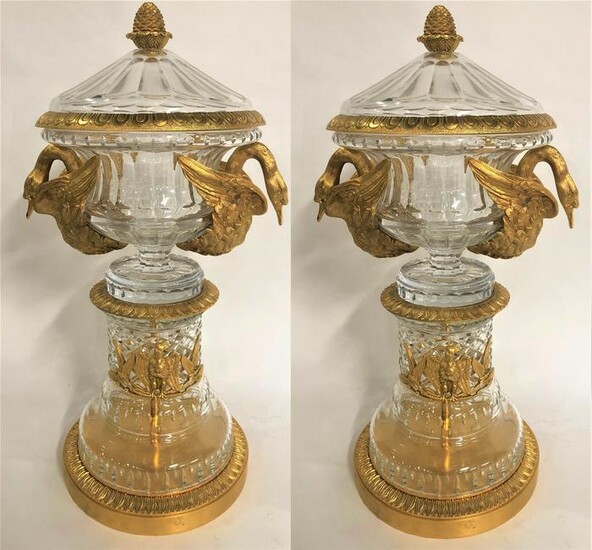 Pair of Cut Crystal & Gilt Brass Lidded Urn Vases