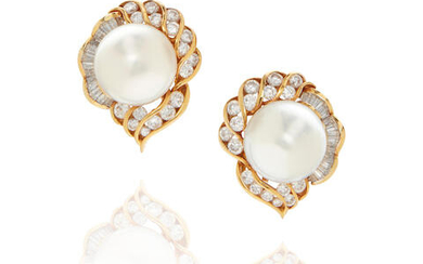 Pair of Gold, Cultured Pearl and Diamond Ear Clips