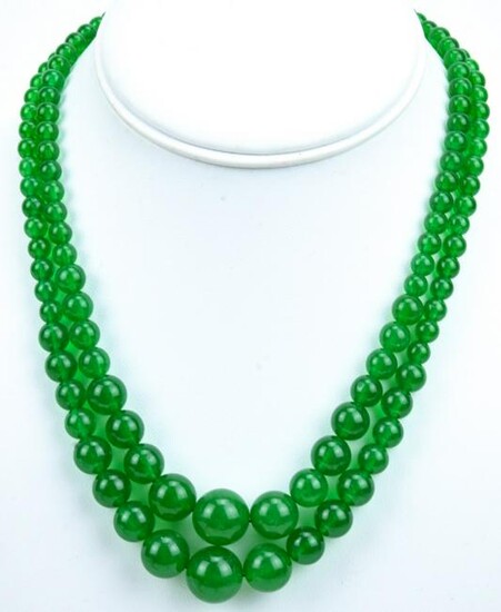 Pair of Graduated Green Nephrite Jade Necklaces