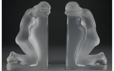 Pair of Lalique Clear and Frosted Glass Reverie Bookends (post-1945)