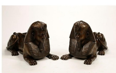 Pair of Large Patinated Bronze Sphinxes