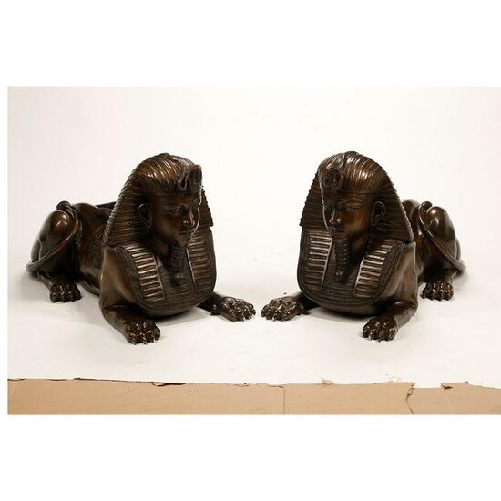 Pair of Large Patinated Bronze Sphinxes