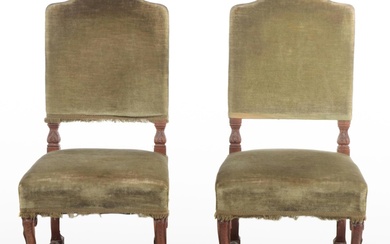 Pair of Louis XIII Style Carved Oak and Velvet-Upholstered Side Chairs