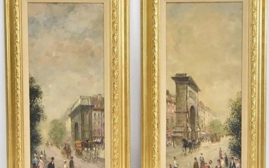 Pair of Oil on Canvas Parisian Street Scenes, Signed Lebat