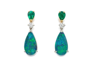 Pair of Opal, Emerald and Diamond Pendant-Earrings