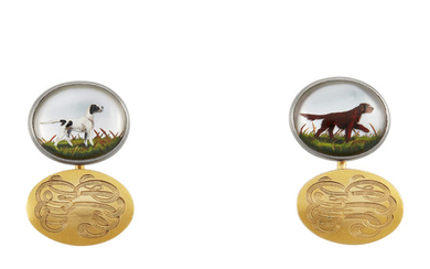 Pair of Two-Color Gold and Essex Hunting Dog Crystal Cufflinks, Kirkpatrick Co. and Silver Micromosaic Dog Pin