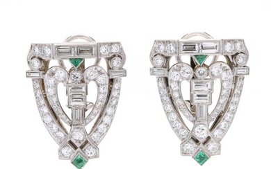 Pair of White Gold Art Deco Style Diamond and Emerald Dress Clips / Earrings